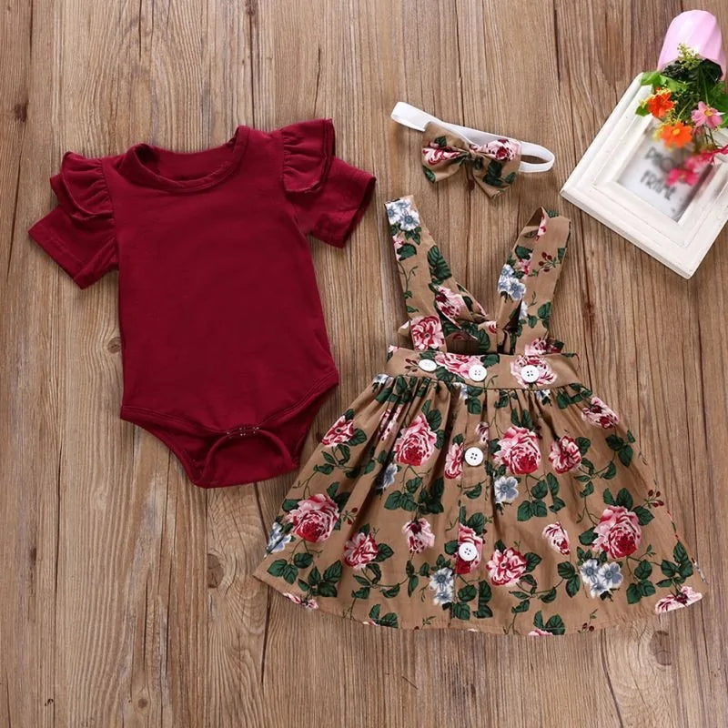 Baby Girl Floral Print Dress Romper Headband Clothes Set - Simply Great Gear