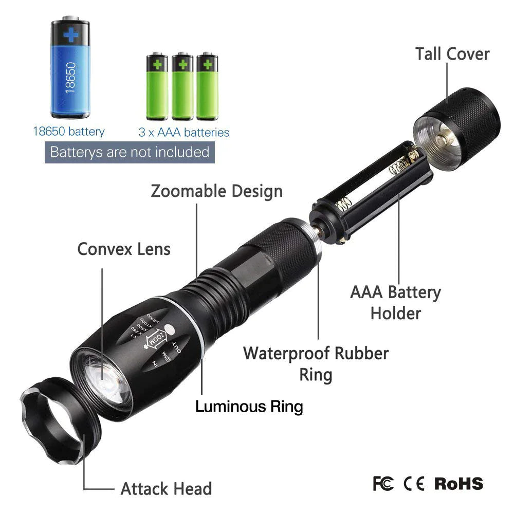 Super-Bright 90000LM LED Tactical Flashlight 5 Modes Zoomable Torch Searchlight - Simply Great Gear