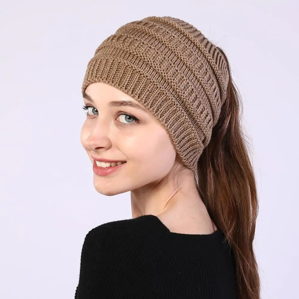 Women Winter Knitted Ponytail Beanies