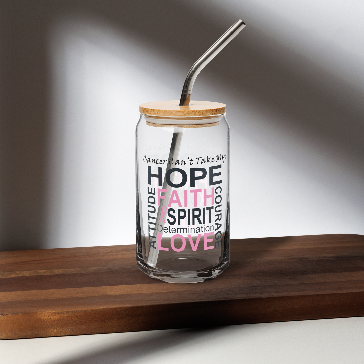 Breast Cancer Hope & Faith Can-shaped glass